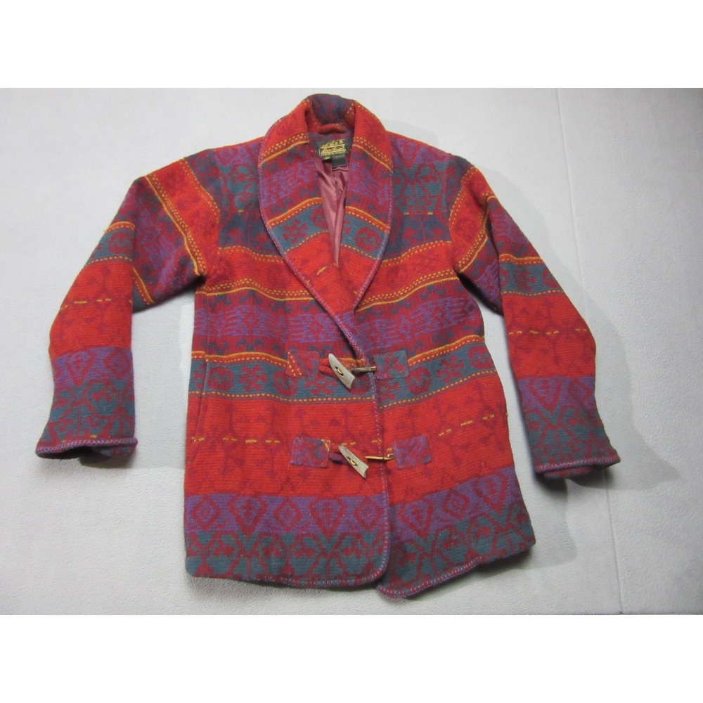 Vtg Eddie Bauer Coat Women Petite Small Red Geometric Stripe Toggle Shawl Collar
